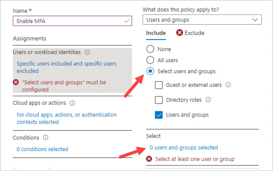 Select users and groups option showing 0 users and groups selected