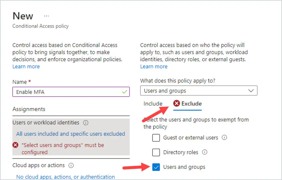 Exclude tab used to add the users and groups exempt from the policy