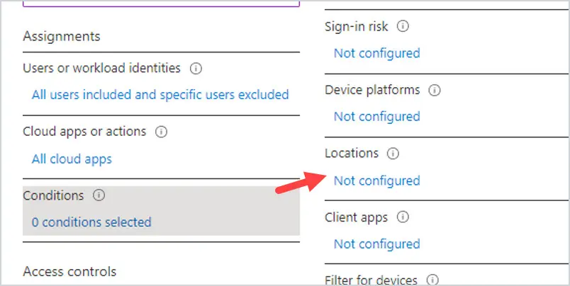 Named location added under Exclude in the policy conditions