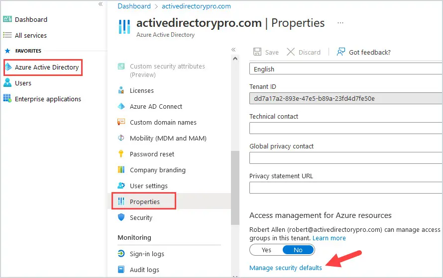 Azure Active Directory properties page with Manage security defaults at the bottom