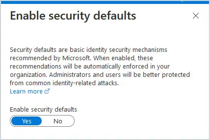 Security defaults pane with Enable security defaults set to Yes
