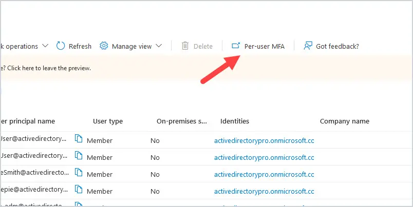 Per-user MFA button at the top of the Users page in Azure Active Directory