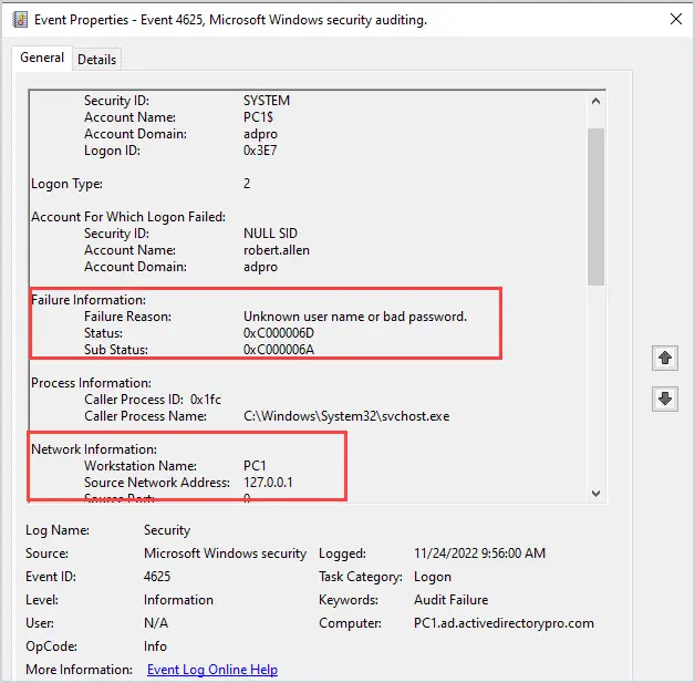 event 4625 failure reason