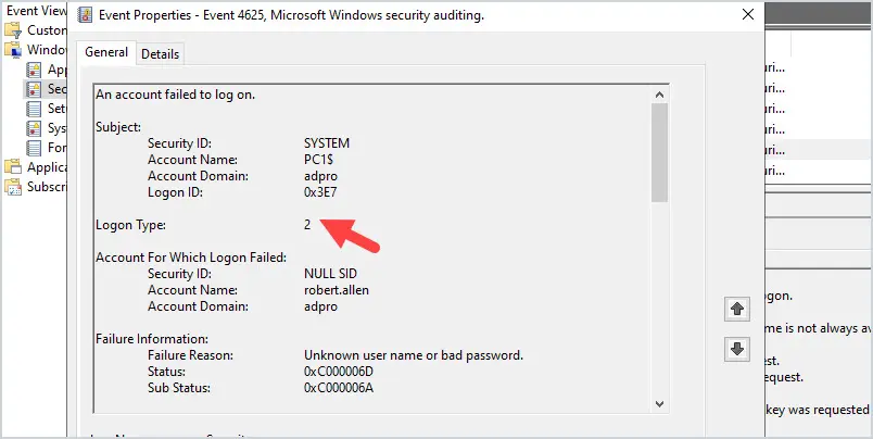 event 4625 logon type