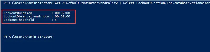 PowerShell output showing the domain's lockout duration, window, and threshold
