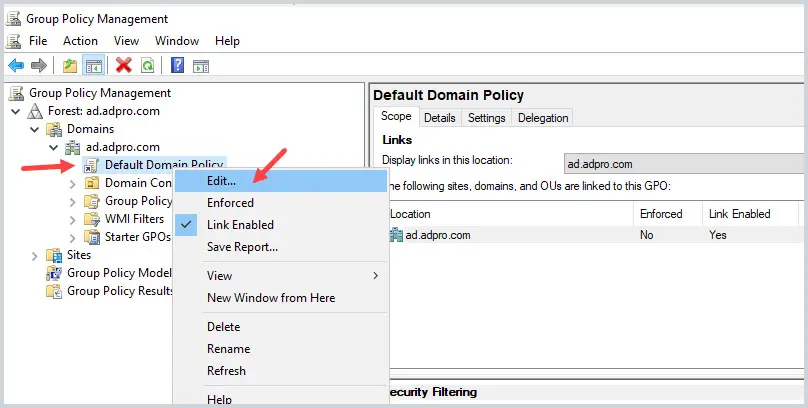 Default Domain Policy right clicked with Edit selected