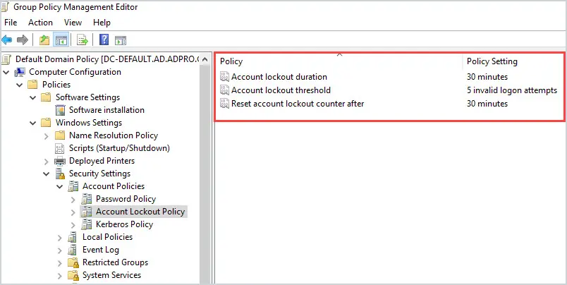 All three lockout policy settings now defined with the chosen values