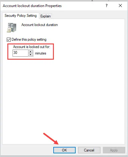 Account lockout duration policy being set to thirty minutes