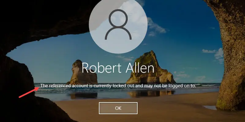 Sign in screen showing the account locked out after failed logon attempts