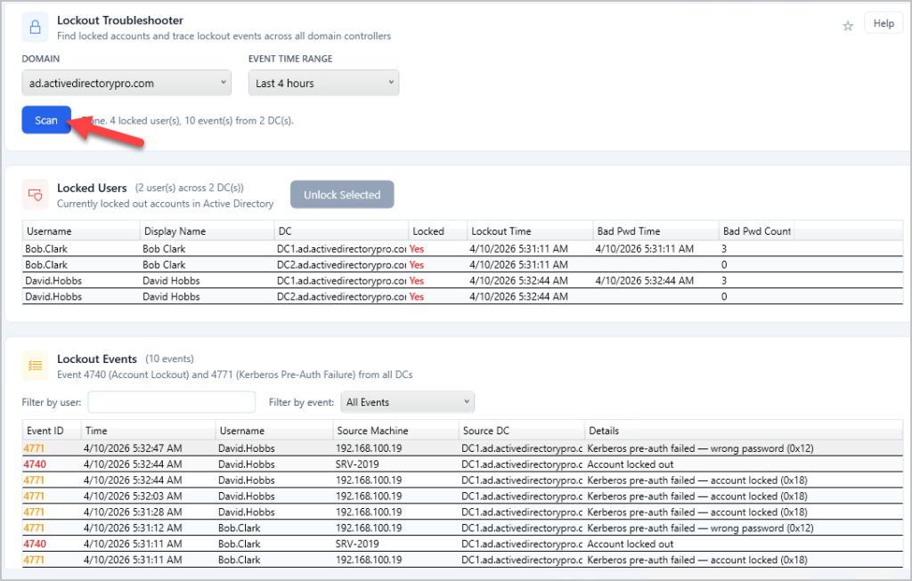 Lockout troubleshooter listing every locked account after a scan