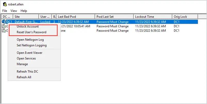 Right click menu in LockoutStatus with unlock and reset password options