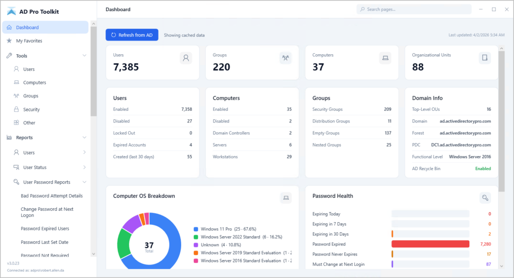 AD Pro Toolkit interface showing its bulk tools and report categories