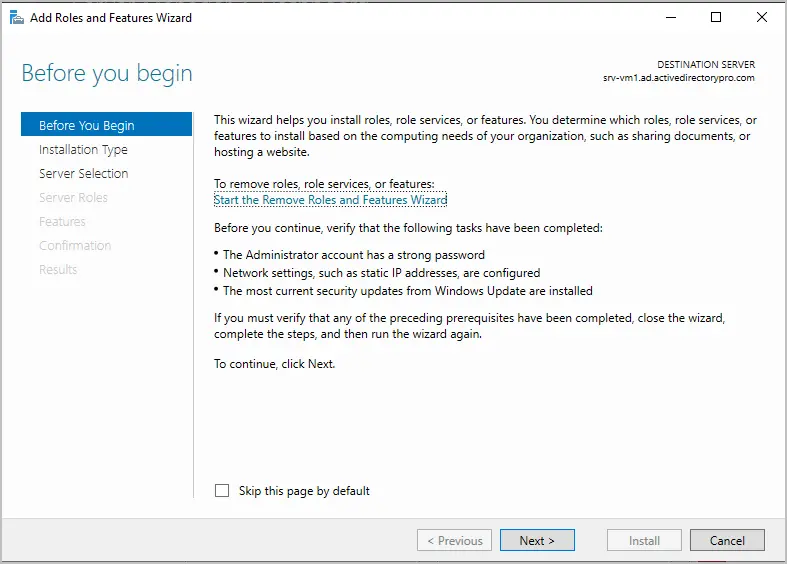 Before you begin page of the Add Roles and Features Wizard