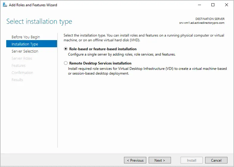 Installation type page with Role-based or feature-based installation selected