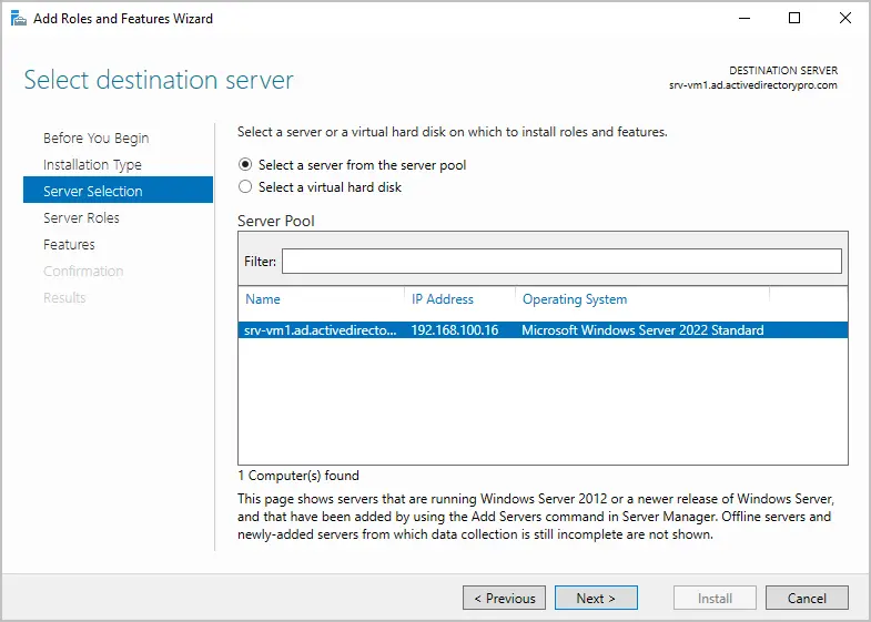 Server selection page with the local server chosen