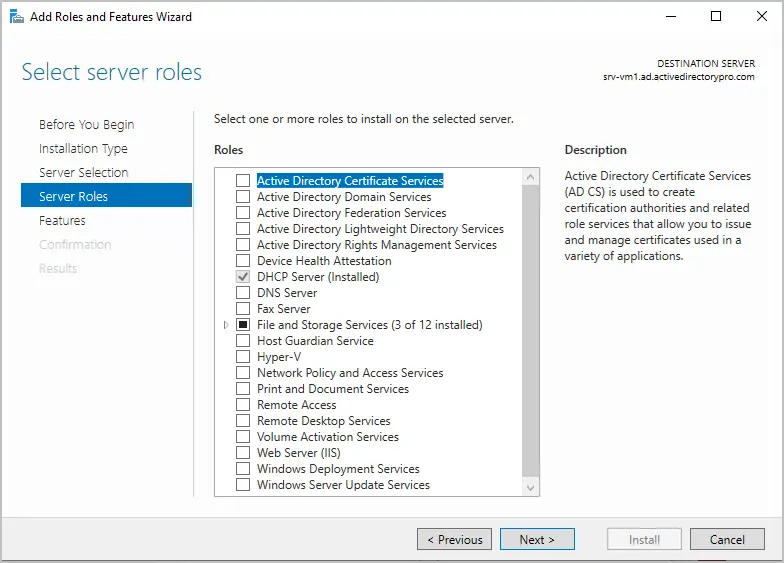 Server roles page left at its default selections