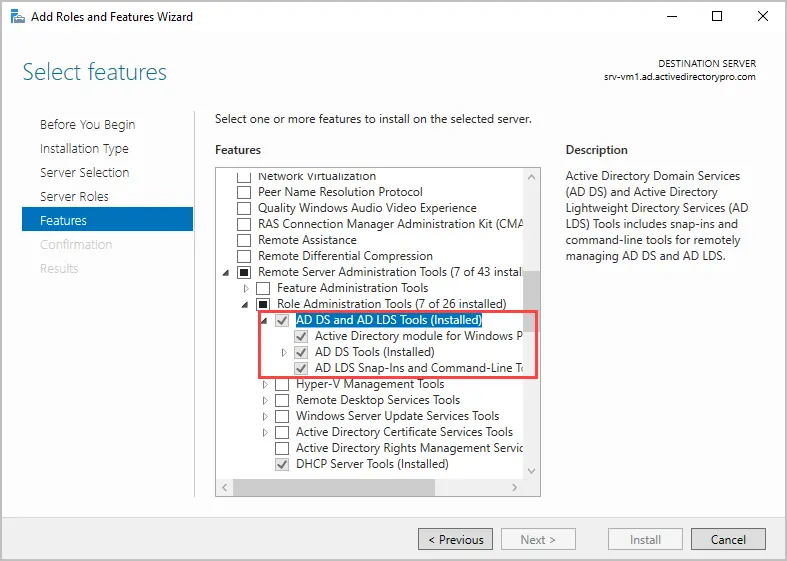 Features page with the AD DS and AD LDS tools checked under RSAT