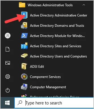 Windows Administrative Tools folder with the Administrative Center listed
