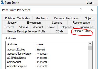 User account properties open on the Attribute Editor tab