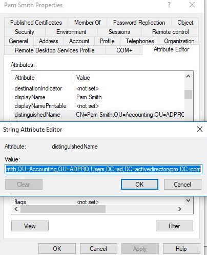 Attribute editor showing the distinguishedName value for a user account