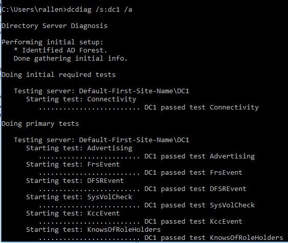 dcdiag output running its health tests against a domain controller