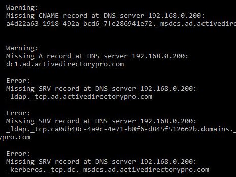 dcdiag detail listing the missing A and SRV DNS records