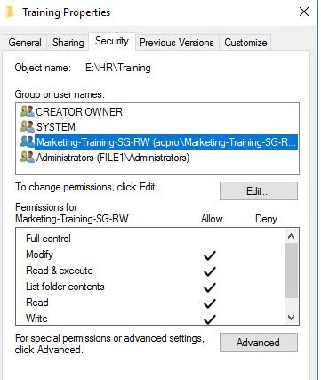 Folder security tab with a security group granted permissions instead of individual users