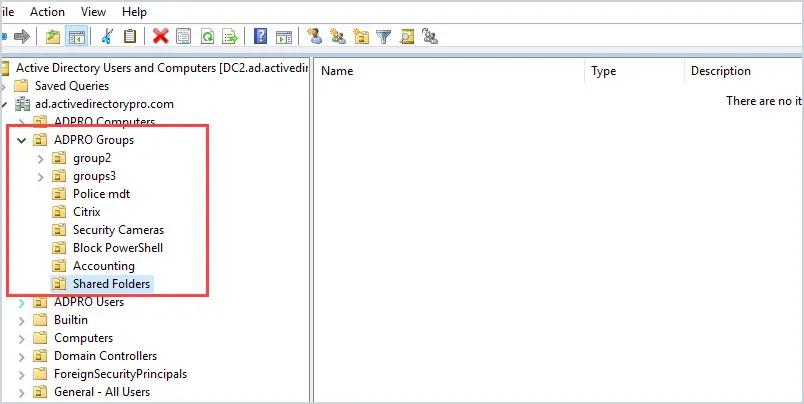 Dedicated security groups OU with sub-OUs grouping the groups by purpose