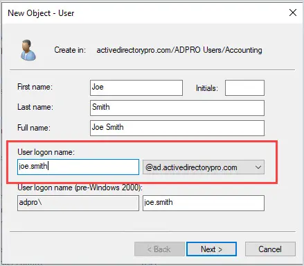 Account tab showing a logon name built from the full first and last name