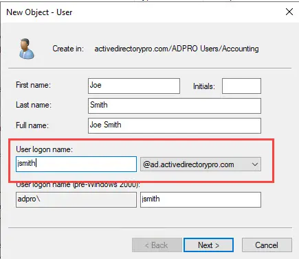 Account tab showing a logon name built from the first initial and last name