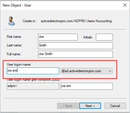Account tab showing a logon name of three letters from each name