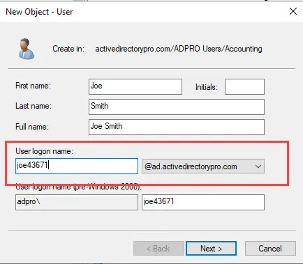Account tab showing a logon name combining the first name and employee ID