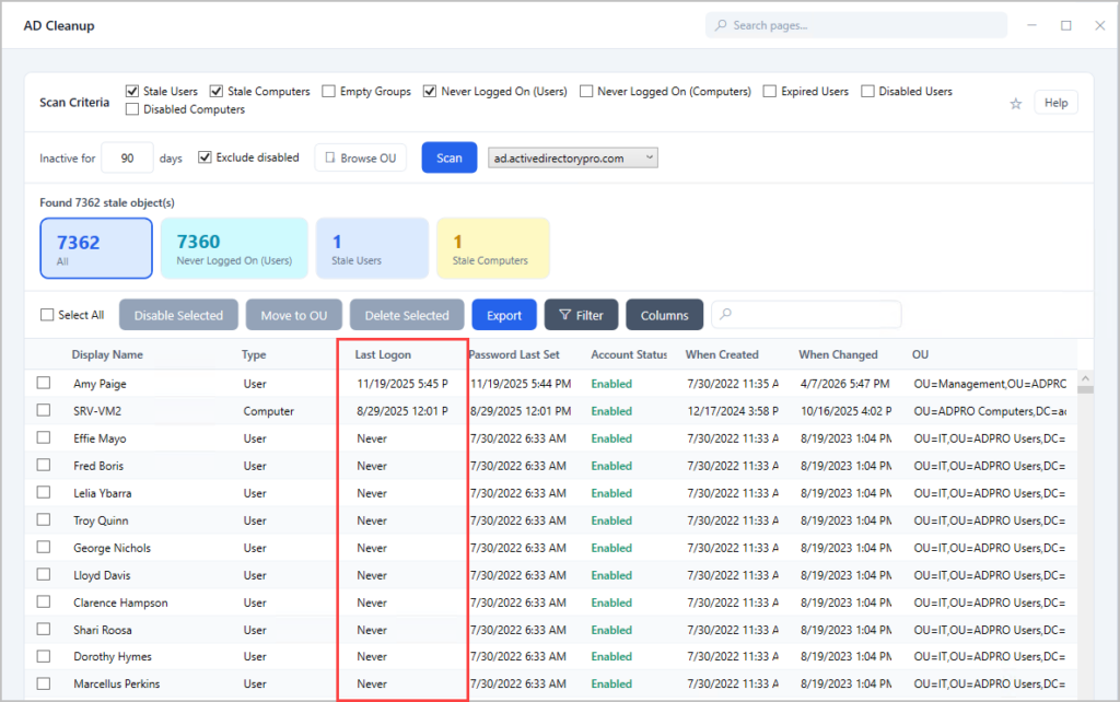 AD Cleanup Tool listing stale objects found across the domain