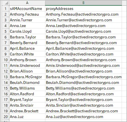 csv file of user accounts and secondary email address