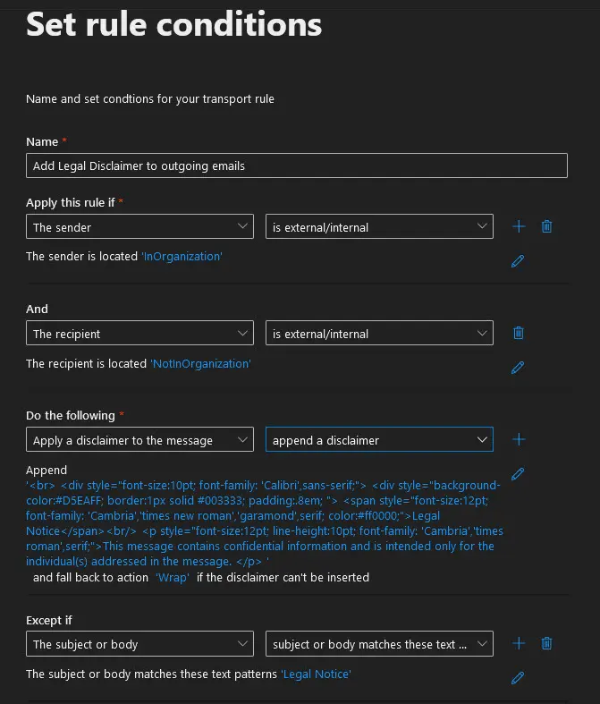 Completed append rule with the internal sender and external recipient conditions and the text pattern exception