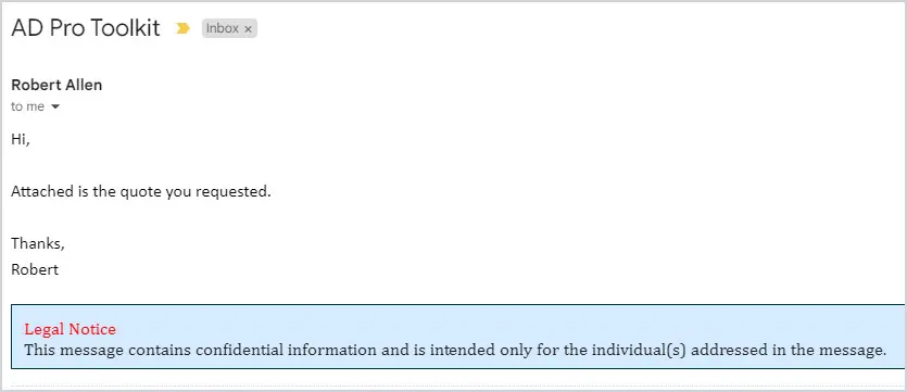 Email with a legal notice disclaimer appended in a blue box at the bottom of the message