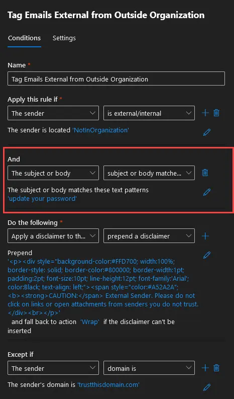 Completed rule combining the external sender condition, the update your password phrase, and a domain exception