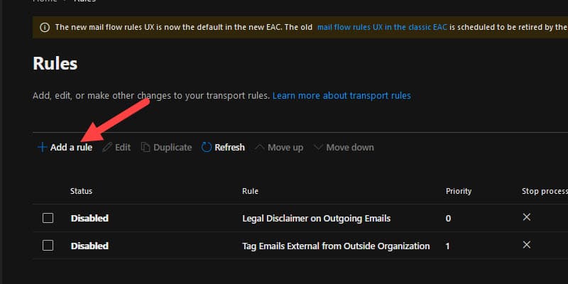 Exchange admin center mail flow rules page with Add a rule and Create a new rule selected