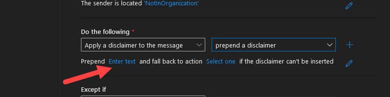 New rule conditions with the sender set to NotInOrganization and the action set to prepend a disclaimer
