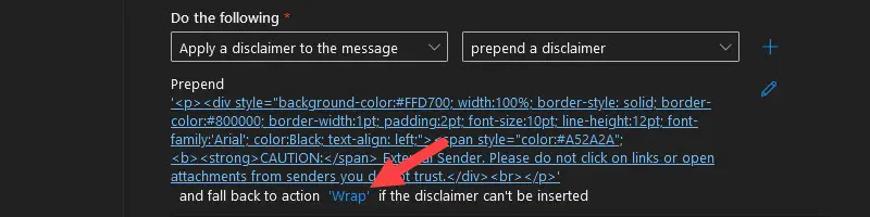 Disclaimer text box with the HTML banner code pasted in and the fallback action set to Wrap