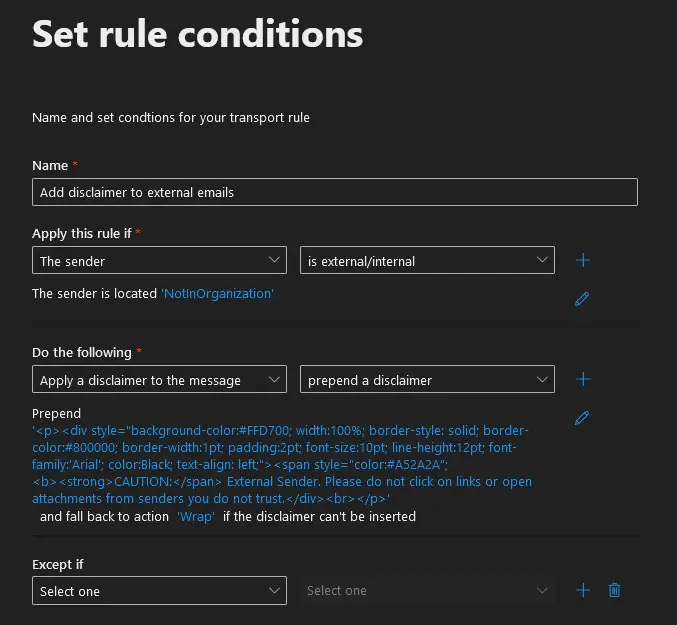 Completed rule showing the external sender condition and the prepend disclaimer action