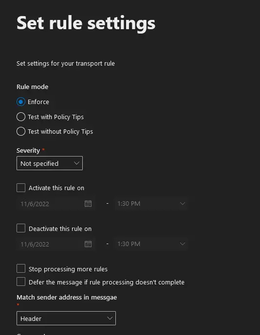 Rule settings page with the rule mode set to Enforce and stop processing more rules left unchecked