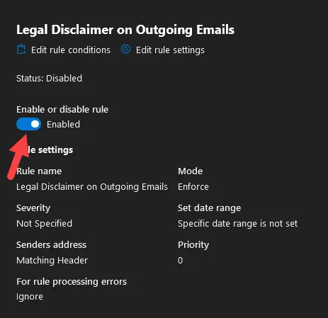 Rule details pane with the toggle switched to Enabled