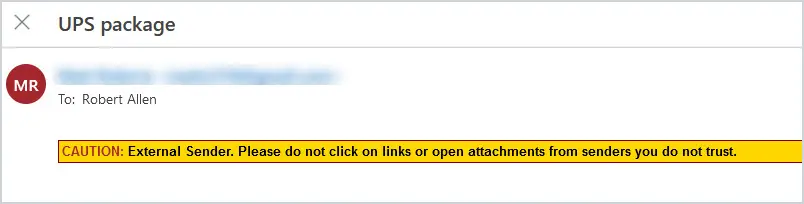Email with a yellow caution banner at the top warning that the message came from an external sender