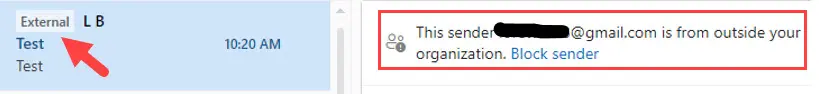 Email header showing the built-in External tag added by Set-ExternalInOutlook