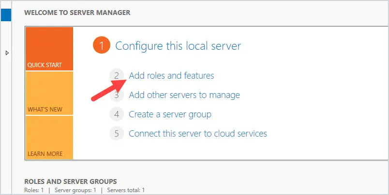 Server Manager dashboard with Add roles and features selected