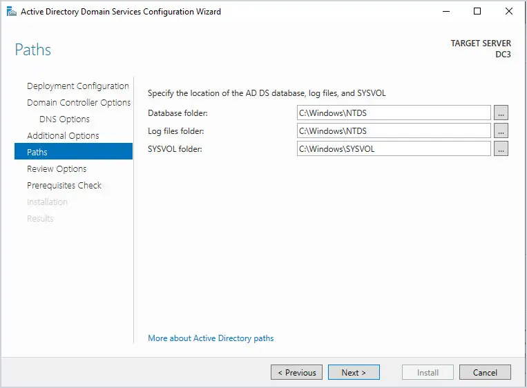Paths page with the default database, log, and SYSVOL folder locations