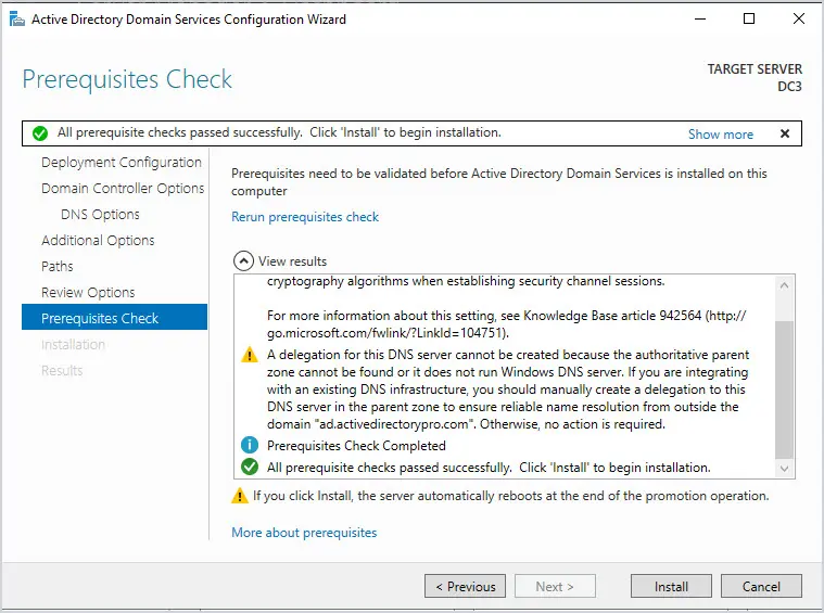 Prerequisites check page passing with the two typical warnings