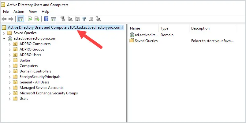 Active Directory Users and Computers connected to the new domain controller showing replicated accounts