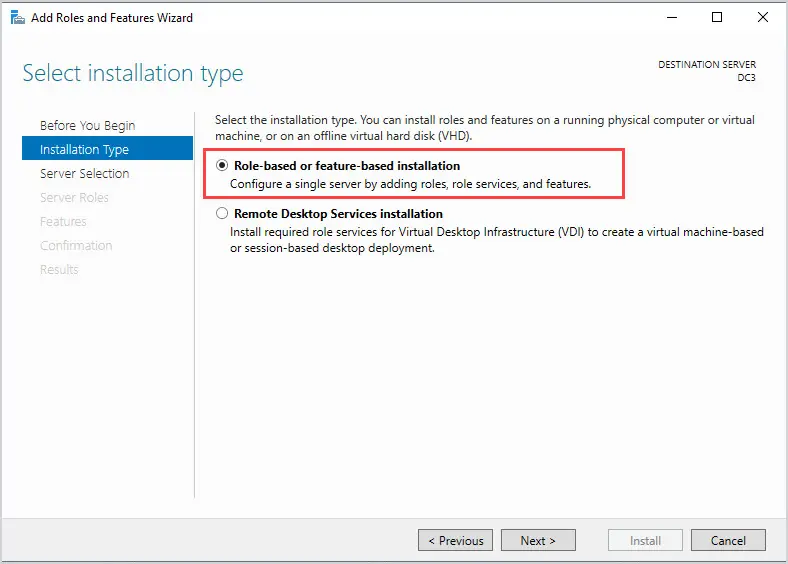 Installation type page with Role-based or feature-based installation selected